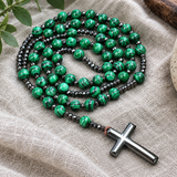 Green Malachite-Style Bead Christian Cross Prayer Rosary Necklac
