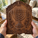 Hand-Carved Beech Wood Menorah & Olive Tree Plaque – Jewish Faith Home Décor