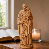 Beechwood roundel of Joseph holding a child: sacred heritage, warmth and eternity for Christian home decor and prayer spaces