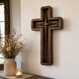 Hand-Carved Star of Bethlehem Wooden Cross – Christian Wall Decor & Faith Gift