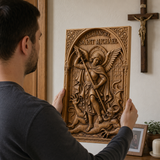 Hand-Carved Archangel Saint Michael Wood Wall Plaque | Catholic Home Decor | Christian Wall Art