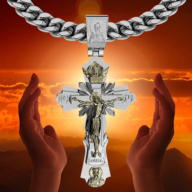 Gold-Plated Copper Crucifix Pendant with Jesus Christ and Religious Figures