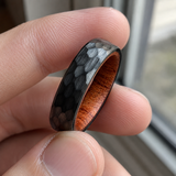 Hammered Titanium Steel Ring with Natural Wood Inner Liner, 6mm Vintage Domed Band, Rustic Wooden Inlay Wedding Promise Ring for Men & Women