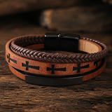 Multi‑Layer Braided Cross Printed Men Leather Bracelet, Vintage PU Leather Magnetic Clasp Religious Wrist Jewelry