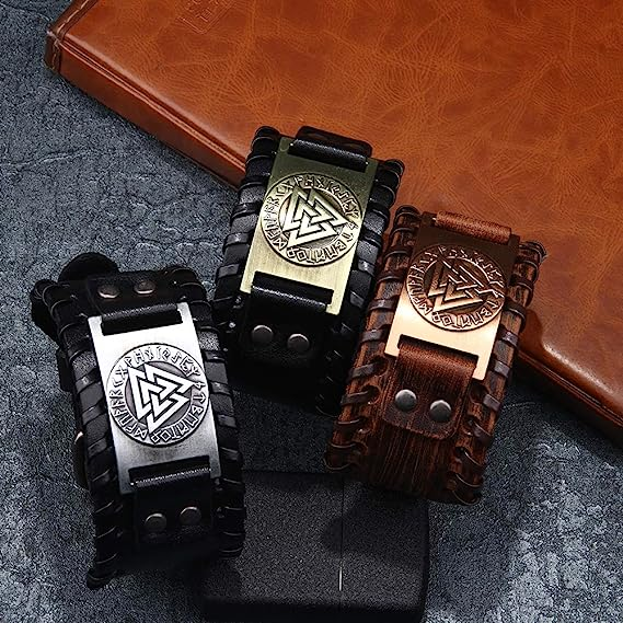 Black Wide Leather Bracelet Men's Bracelet Braided Genuine Leather Bangle Wristbands Viking Totem Odin Pattern Vintage Cuff