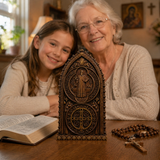 Hand-Carved Beechwood St. Benedict Medal Desktop Ornament