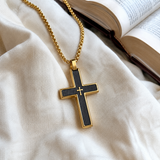 Two-Tone Bevel Edge Carbon Fiber Textured Inlaid Tiny Cross Stainless Steel Necklace