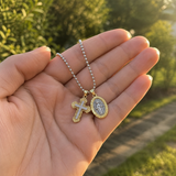 Gold-Tone Copper Zircon Cross & Miraculous Medal Double Pendant Necklace – Christian Faith Jewelry