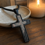 Industrial Brushed Cracked Copper Inlay Stainless Steel Cross Necklace