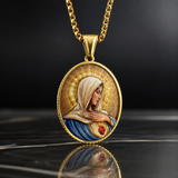 Enamel Immaculate Heart Virgin Mary Oval Gold Stainless Steel Necklace