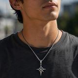 Vintage North Star Men Stainless Steel Necklace, Wrapped Cross Black CZ 4‑Point Star Pendant With Box Chain
