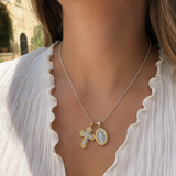 Gold-Tone Copper Zircon Cross & Miraculous Medal Double Pendant Necklace – Christian Faith Jewelry