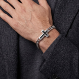 Men’s Carbon Fiber Inlay Cross Curb Chain Bracelet, 316L Stainless Steel Adjustable Religious Faith Bracelet, Silver & Gold Tone Christian Gift for Him