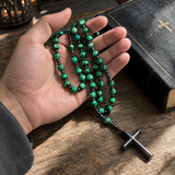 Green Malachite-Style Bead Christian Cross Prayer Rosary Necklac