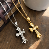 Full Inlaid CZ Gothic Fleur-de-lis Cross Stainless Steel Necklace