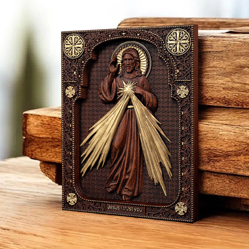 The Sacred Heart and Divine Mercy Jesus Christ Wood Wall Plaque