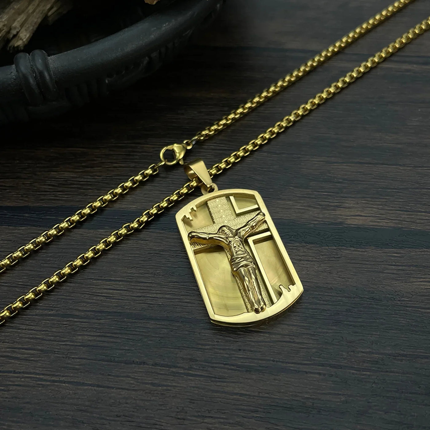 Mens gold color Lord's Prayer & Crucifix Jesus Piece Christ Dog