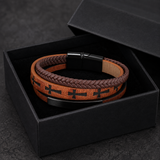 Multi‑Layer Braided Cross Printed Men Leather Bracelet, Vintage PU Leather Magnetic Clasp Religious Wrist Jewelry