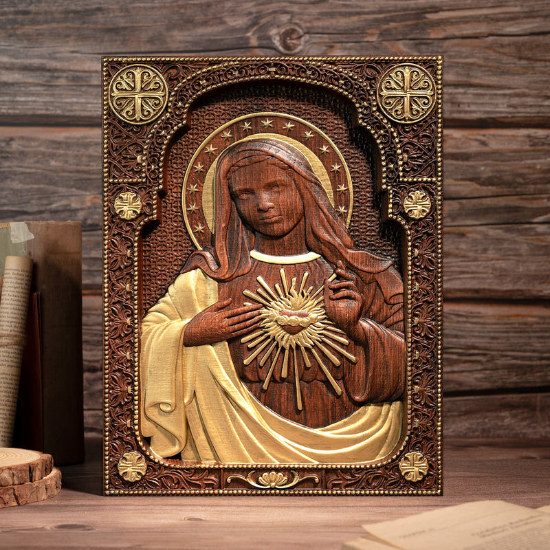 Our Lord Jesus Sacred Heart , Immaculate Heart of Mary Sacred Heart Wood Sculpture - For the FaithfulWood Carving