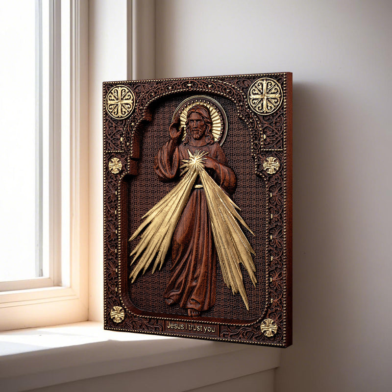 The Sacred Heart and Divine Mercy Jesus Christ Wood Wall Plaque