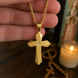 Faceted Eight Point North Star CZ Inlay Stainless Steel Cross Necklace