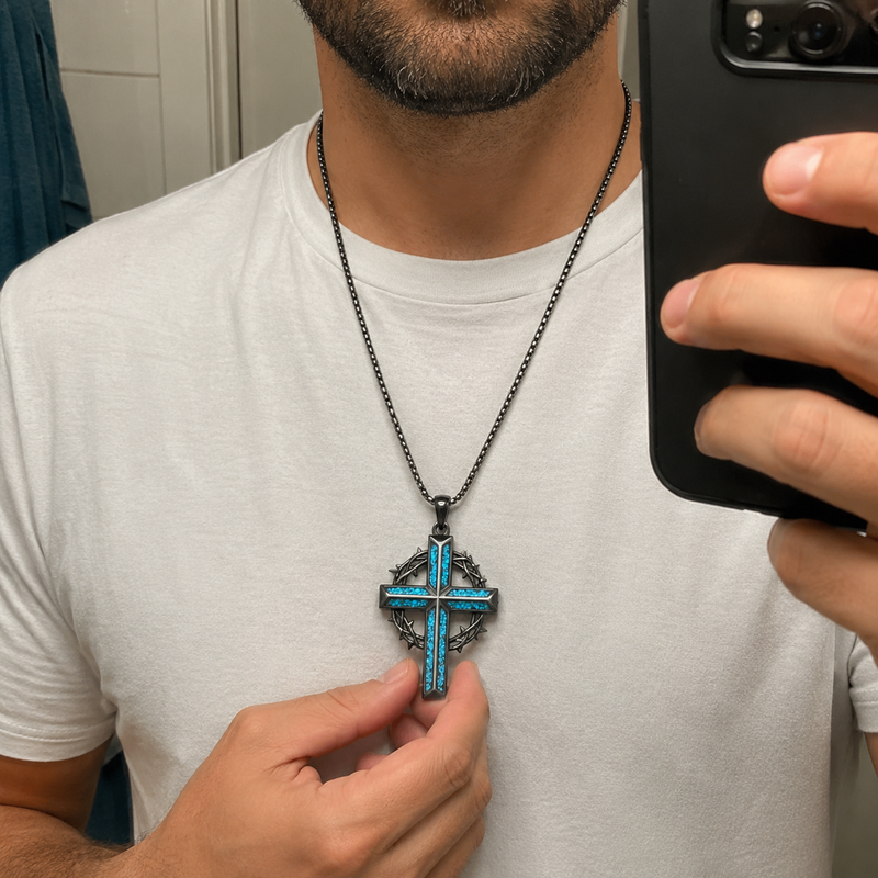 Turquoise Crown of Thorns Cross close-up