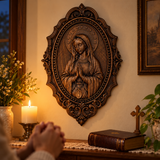Hand-Carved Virgin Mary Prayer Wall Plaque – Ornate Beechwood Catholic Religious Decor,