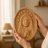Our Lady in Tears and Prayer with a Nine-Star Halo — Hand-Carved Beechwood Statue