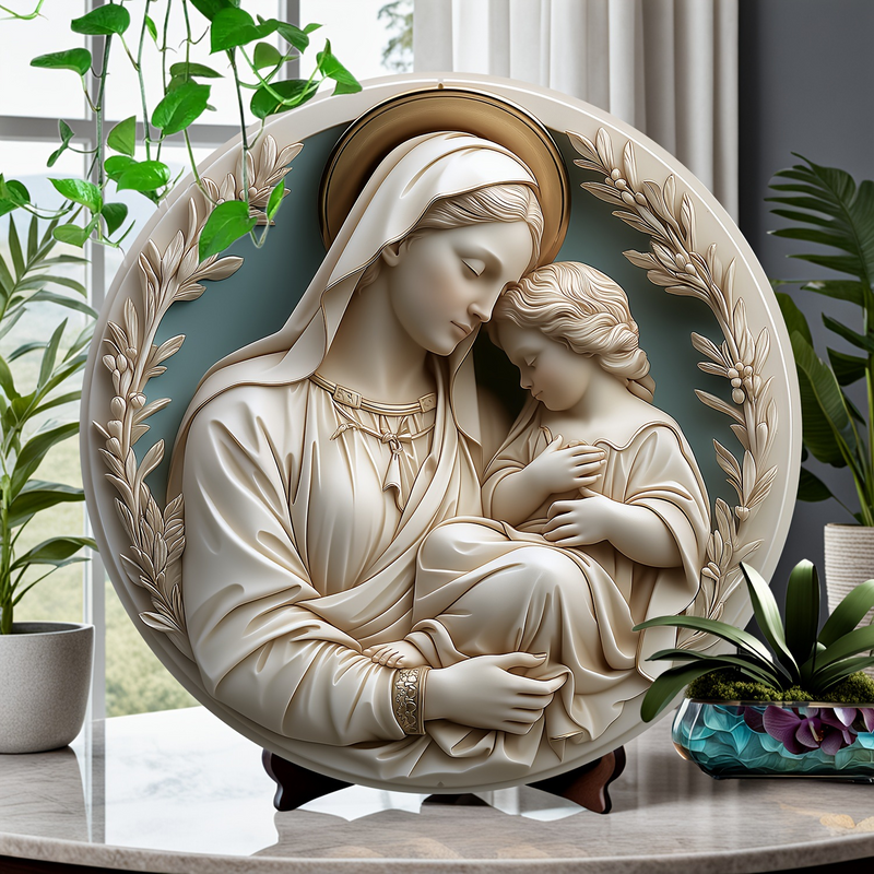 Christian Holy Family Relief Decorative Plaque - 8 Inch / 12 Inch Aluminum Waterproof Religious Wall Art (with Mounting Accessories)
