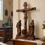 Hand-Carved Ash Wood Calvary Crucifix with Jesus, Mary, St. John & Mary Magdalene