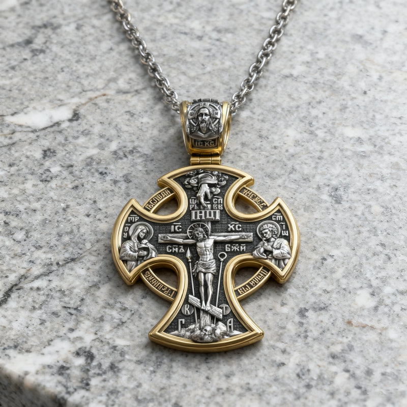 Double-sided S925k silver pendant depicting the Passion of Christ and St. George slaying the dragon.