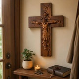 Hand-Carved Beechwood Holy Trinity Crucifix Wall Cross – Christian Home Prayer Decor - faith-inspired design detail
