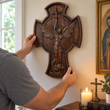 Hand-Carved Beechwood Archangel Michael Wall Cross – Quis Ut Deus Christian Home Decor