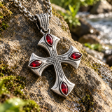 Vintage Red Zircon Cross Pendant Necklace, Religious Faith Men’s Necklace