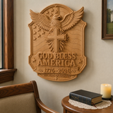 God Bless America Wooden Wall Plaque – Hand-Carved Beechwood Eagle Cross Decor, 1776–2026 250th Anniversary