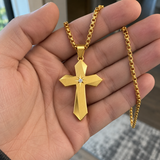 Faceted Eight Point North Star CZ Inlay Stainless Steel Cross Necklace