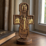 Double-Sided Icon Wood Carving ✝️ | Hand-Carved Crucifix & Saints Beechwood Wall Art