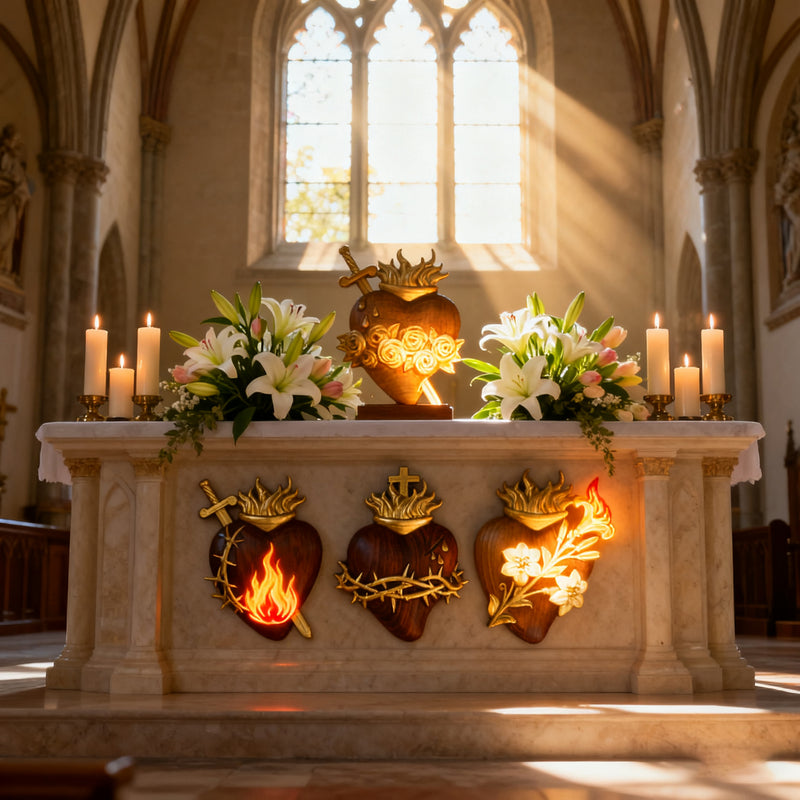 Holy Family Three Sacred Hearts Wooden Wall Decoration