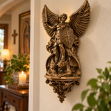 St. Michael the Archangel Battery-Powered Wall Lamp — Antique Bronze Resin Christian Home Decor