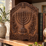 Hand-Carved Beech Wood Menorah & Olive Tree Plaque – Jewish Faith Home Décor