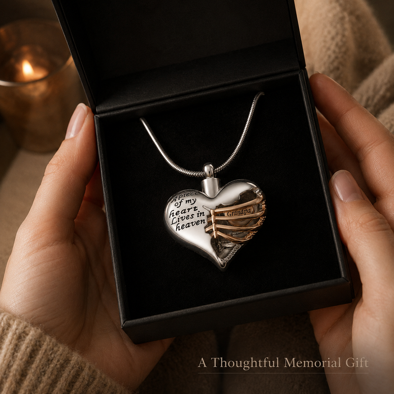 Memorial heart necklace presented inside a black gift box
