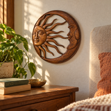 Hand-Carved Sun and Moon Wooden Wall Decor – Gold & Rustic Brown Celestial Wall Hanging