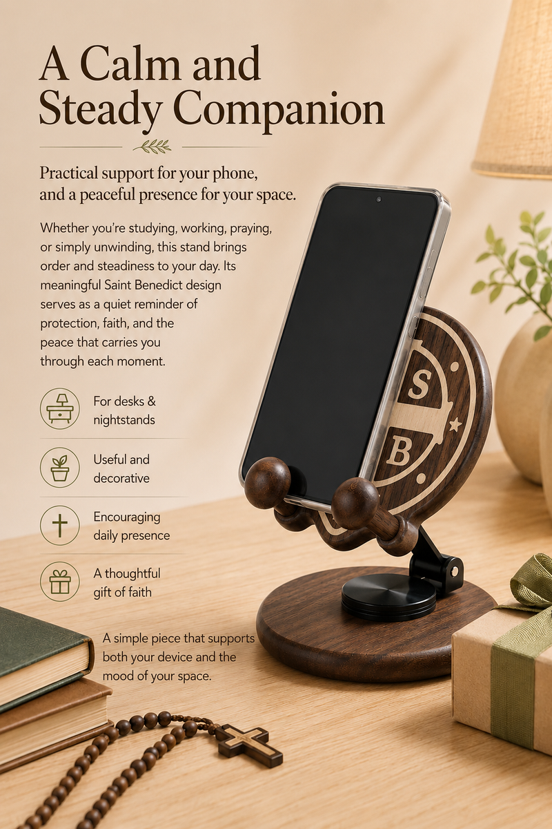 Saint Benedict phone stand for desk bedside kitchen and prayer corner