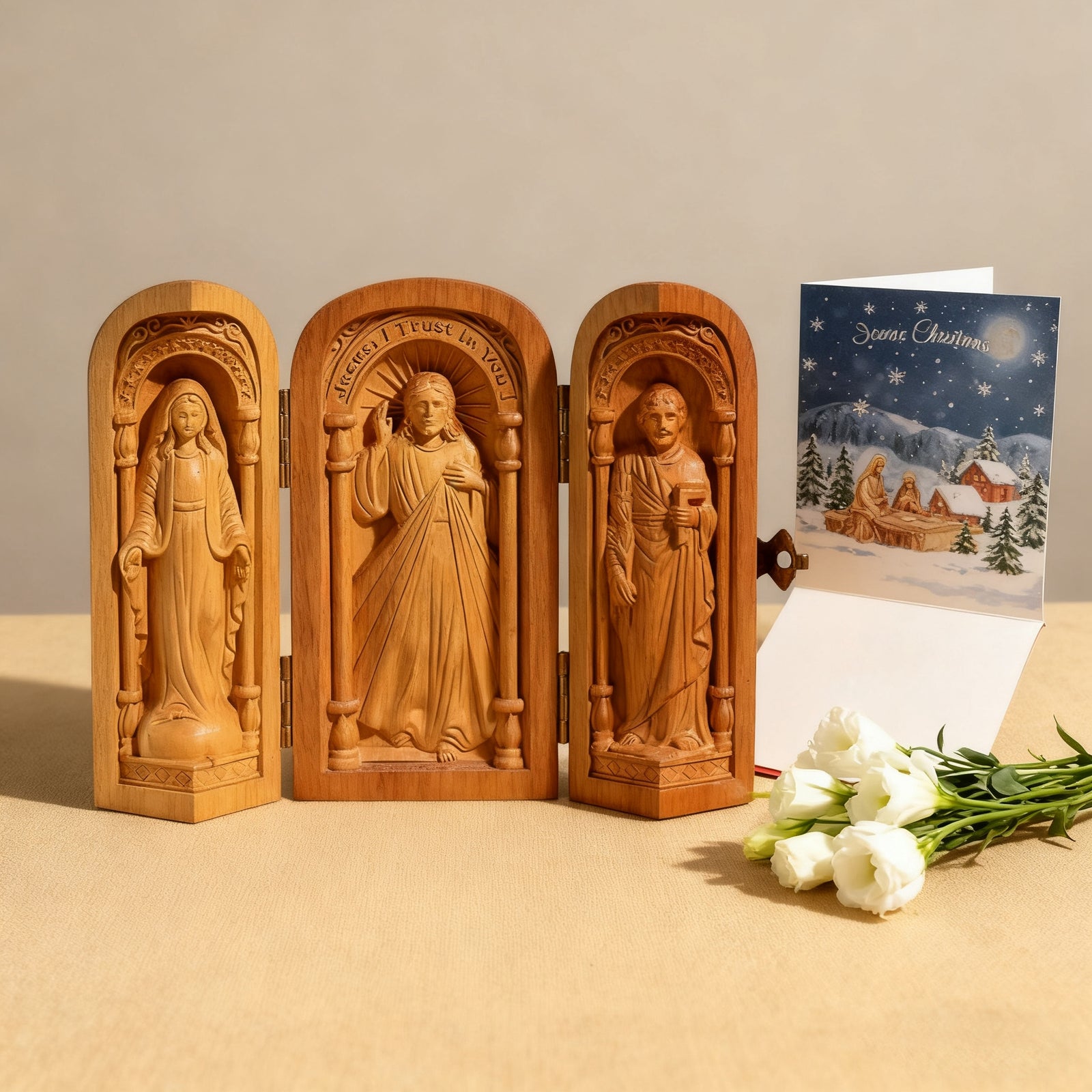 Hand-Carved Travel Triptych Altar: The Holy Family at Your Side