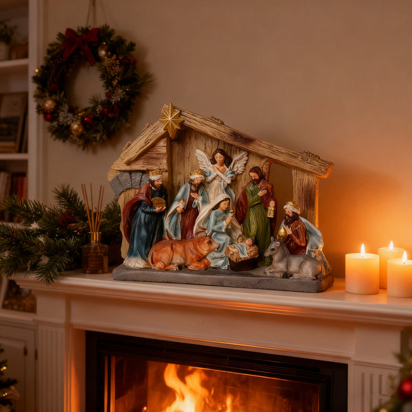 Hand-Painted Nativity Set, Vintage Holy Family Christmas Scene, Resin Manger Statue for Holiday Decor - Emmanuel "God With Us" Christmas Crèche