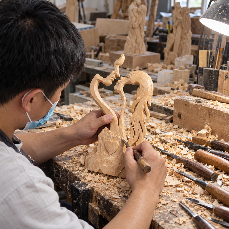 Artisan finishing handcrafted Christian couple wood sculpture