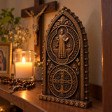 Hand-Carved Beechwood St. Benedict Medal Desktop Ornament