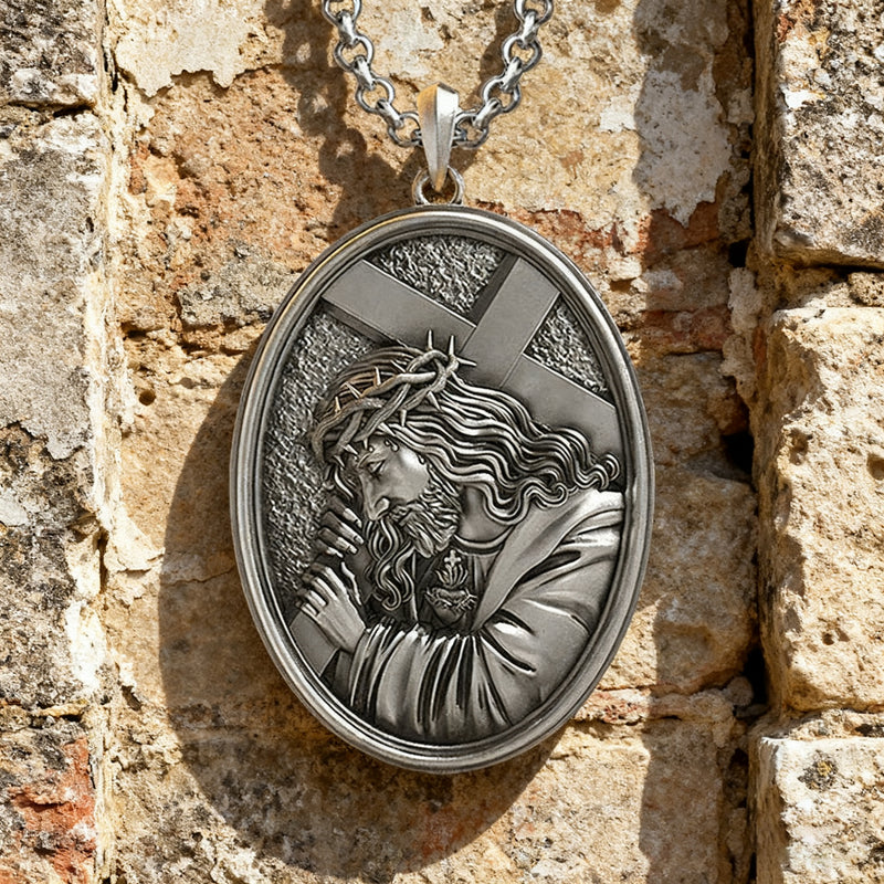 Divine Grace: Jesus Carrying the Cross with Sacred Heart S925 Sterling Silver Pendant Necklace