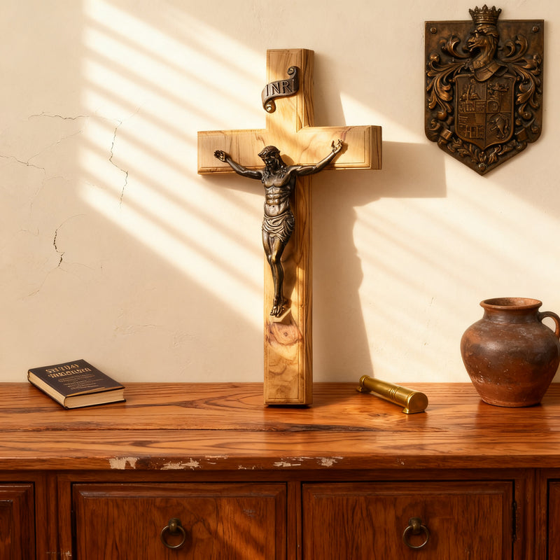 Olive Wood Crucifix with Bronze Corpus: A Bridge to Sacred Devotion