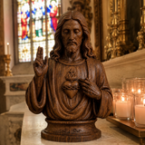 Hand-Carved Cypress Wood Sacred Heart of Jesus Statue – Christian Prayer & Home Devotional Decor